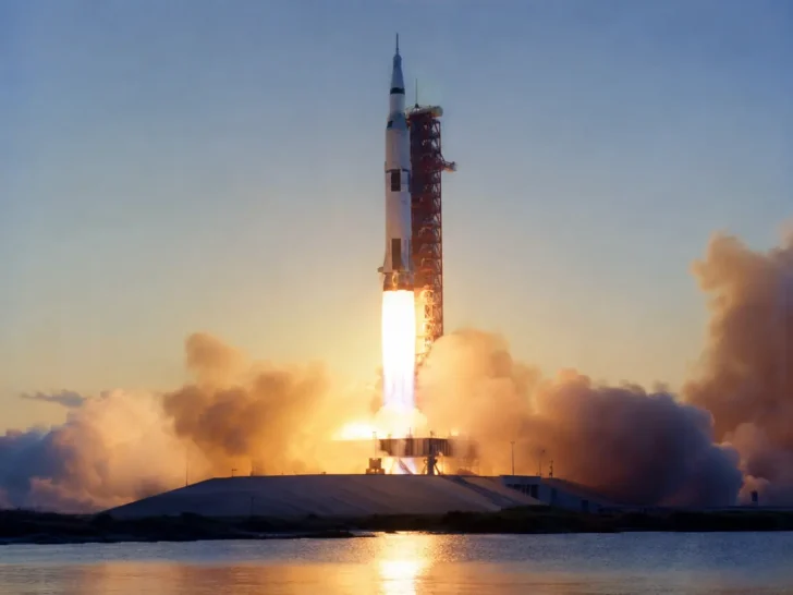 NASA Saturn V rocket lifting off from a launch pad at dawn