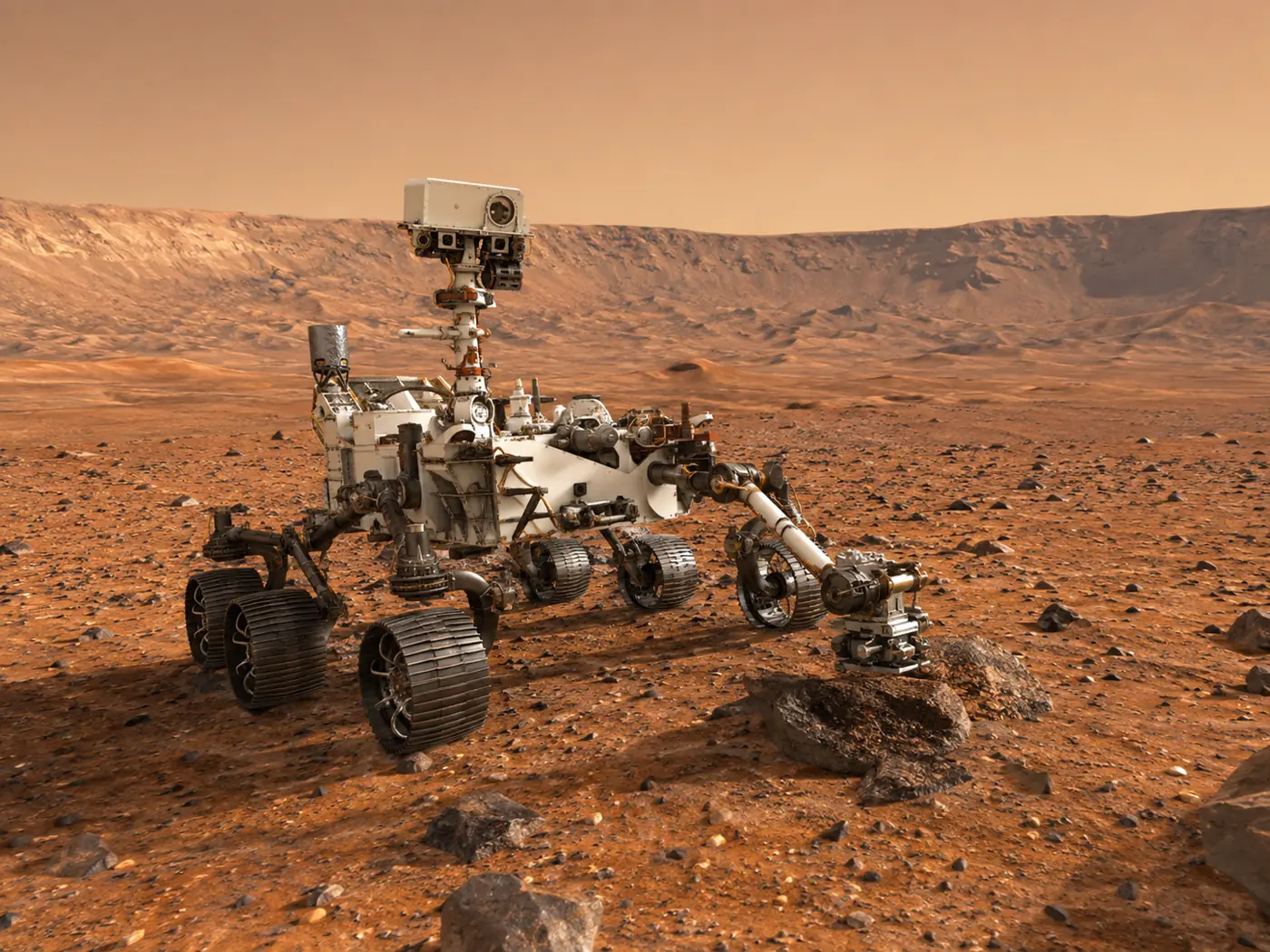 Modern Mars rover exploring a rocky red landscape beneath a distant crater rim