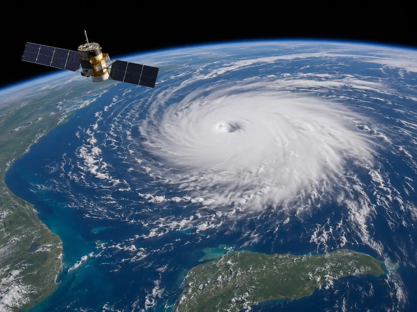 Earth-observing satellite orbiting above a large Atlantic hurricane