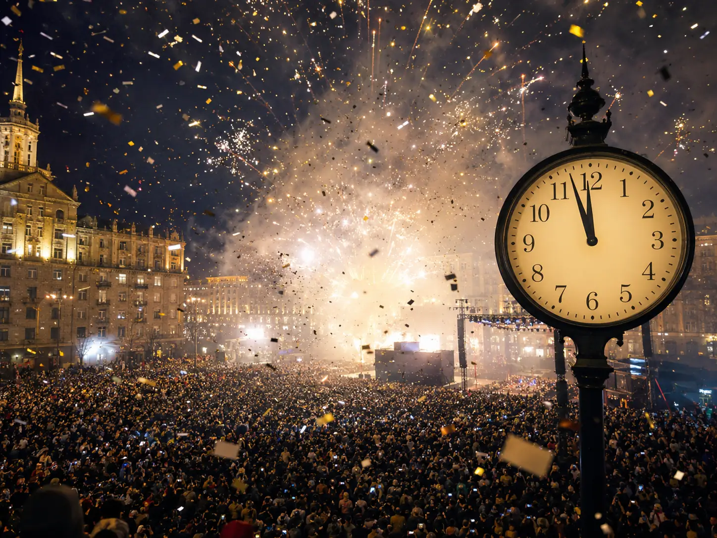 Crowd watching a clock strike midnight at a New Year celebration