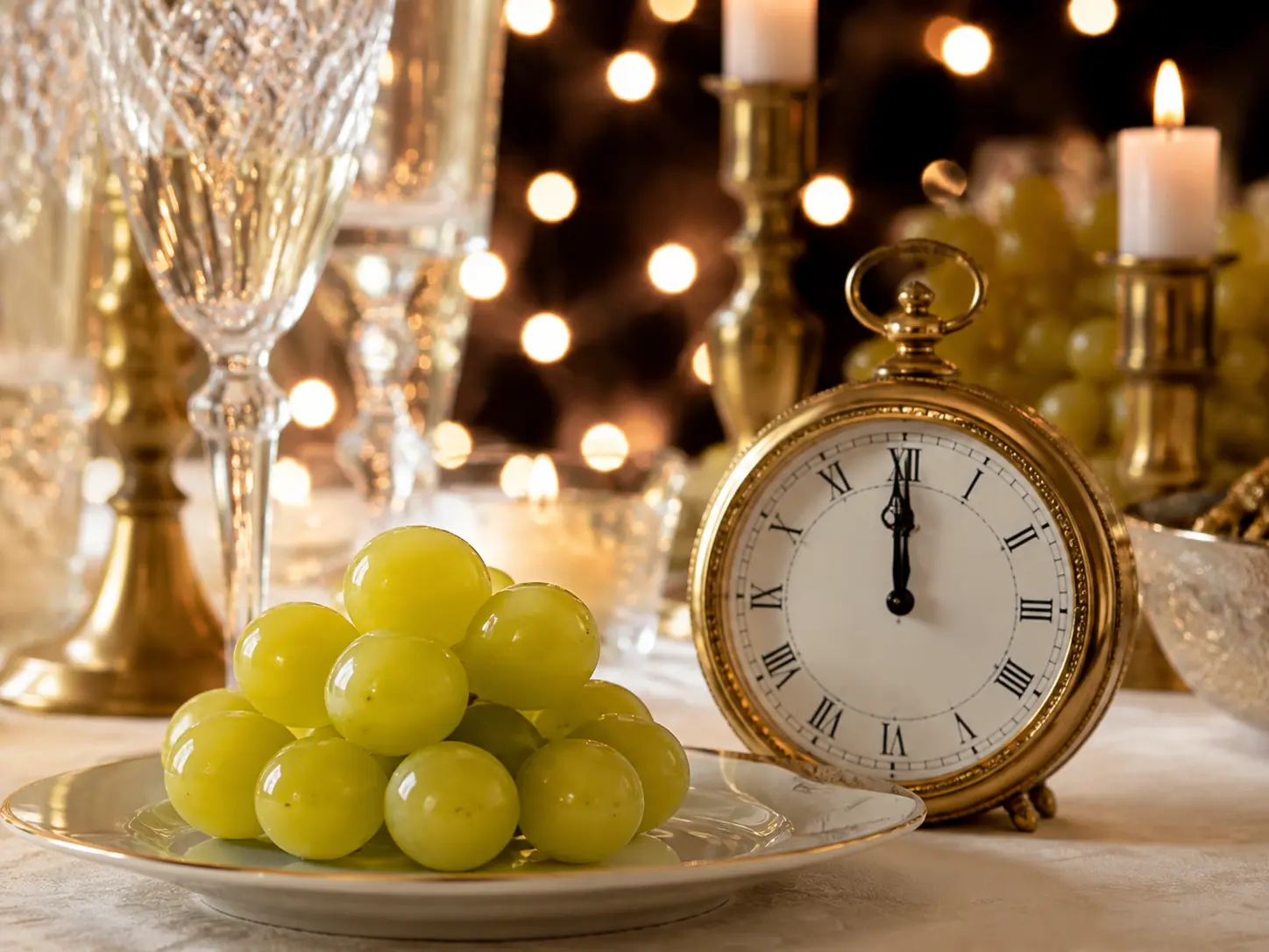 Twelve grapes beside a clock at midnight for the Spanish New Year tradition