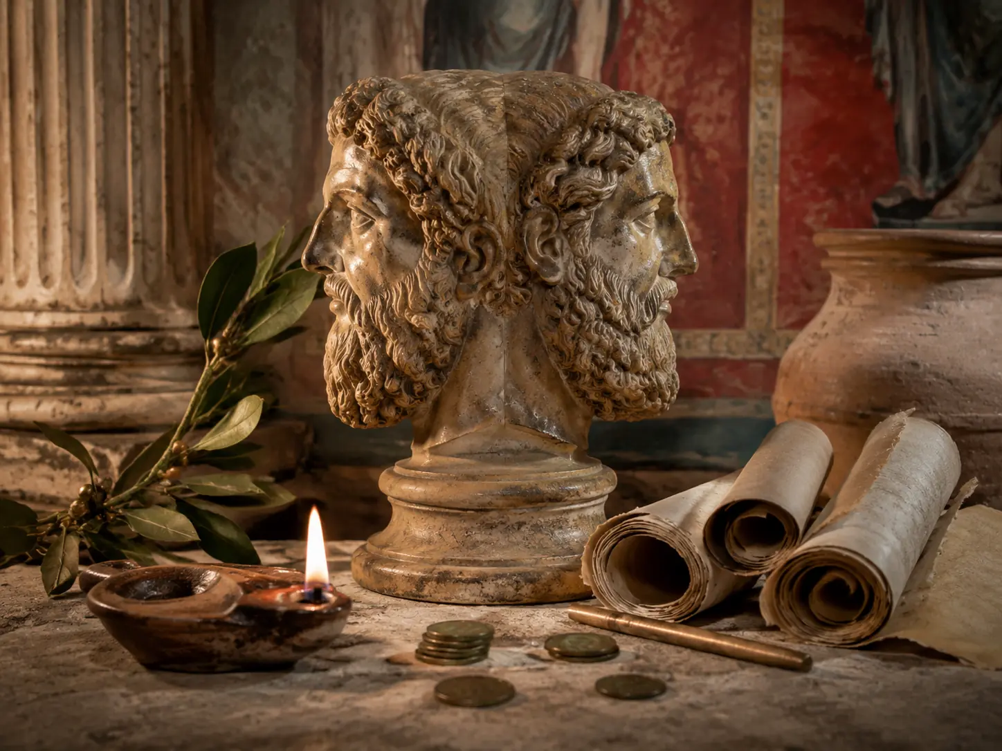 Two-faced Roman god Janus with scrolls and an oil lamp