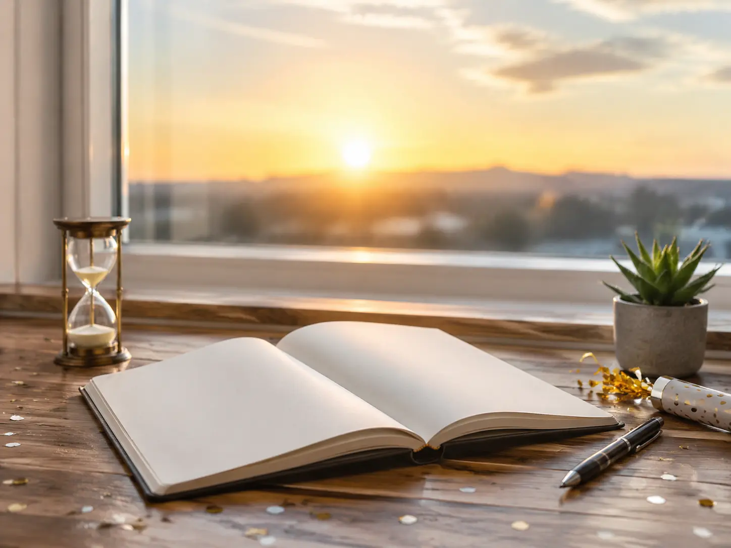 Open journal and pen beside an hourglass in New Year morning light