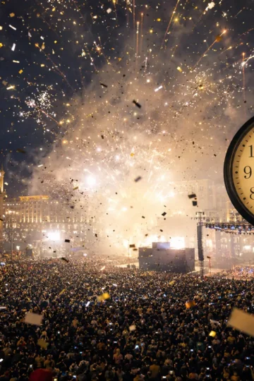 Crowd celebrating New Year's Eve at midnight beneath fireworks and a large clock