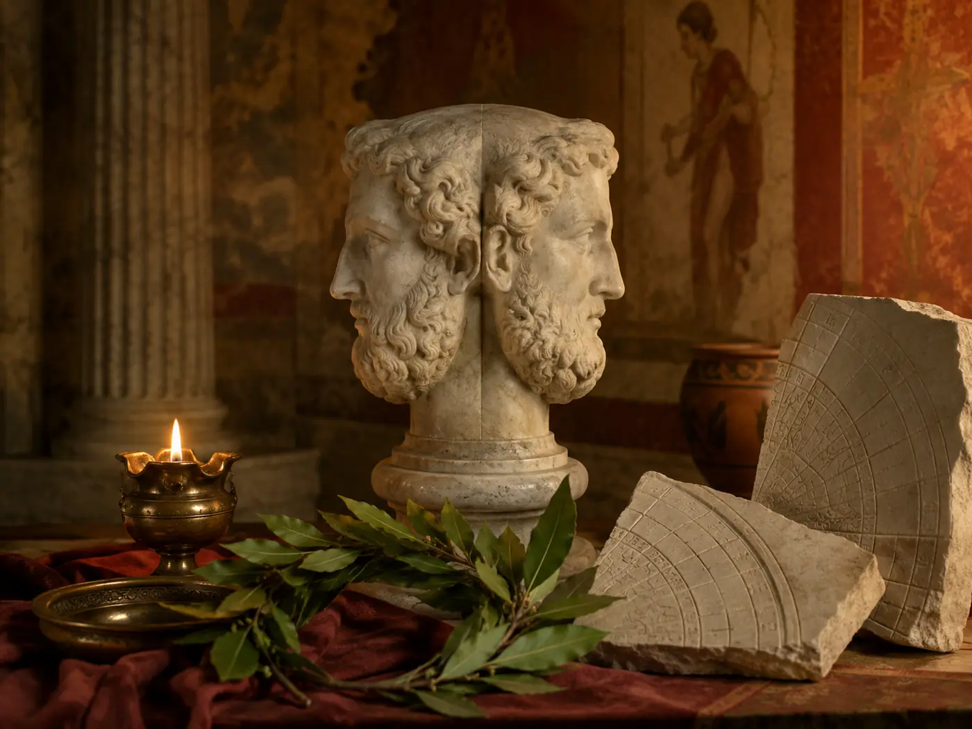 Double-faced bust of Janus with laurel and ancient Roman calendar fragments
