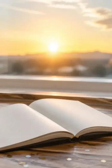 Blank notebook, pen, and hourglass beside a sunrise window for New Year's resolutions
