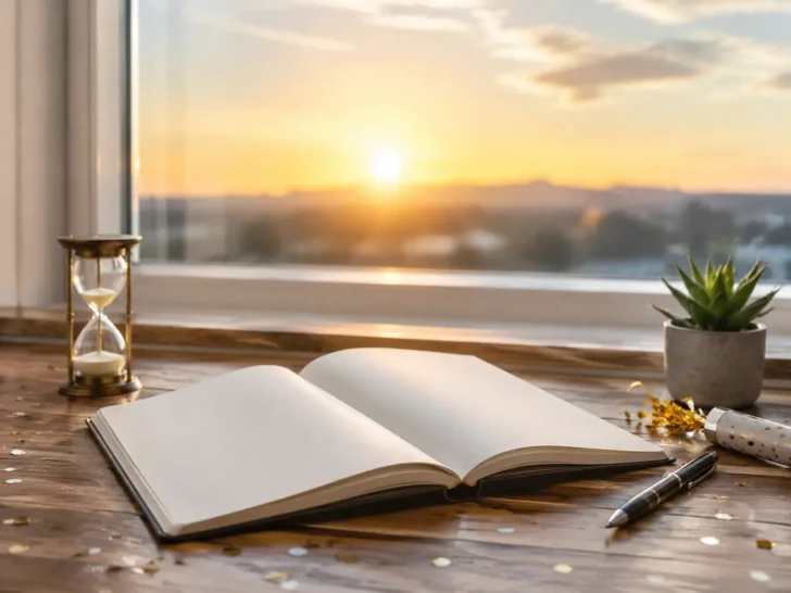 Blank notebook, pen, and hourglass beside a sunrise window for New Year's resolutions