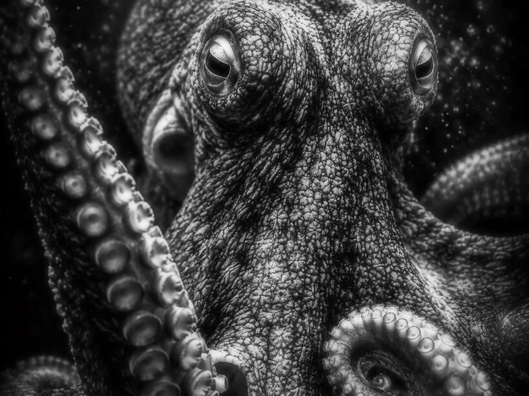 Black-and-white close-up portrait of an octopus