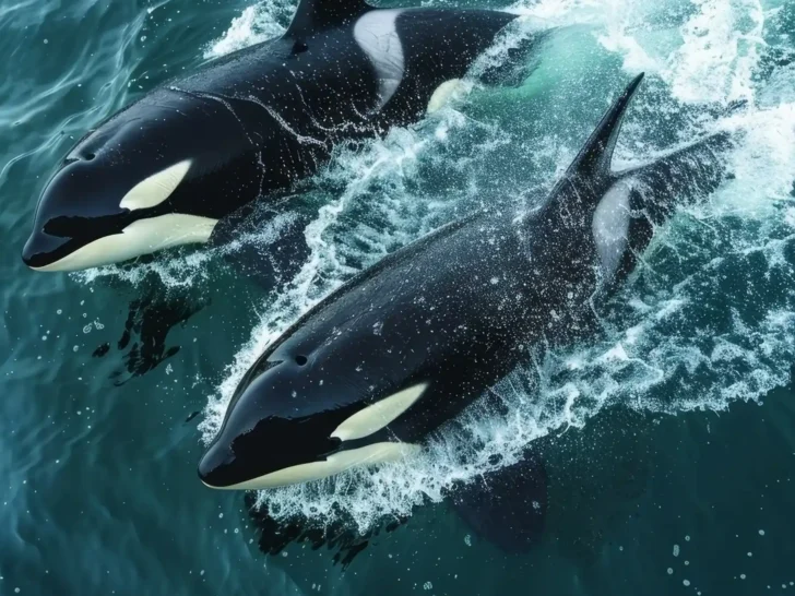 Two orcas swimming at the ocean surface