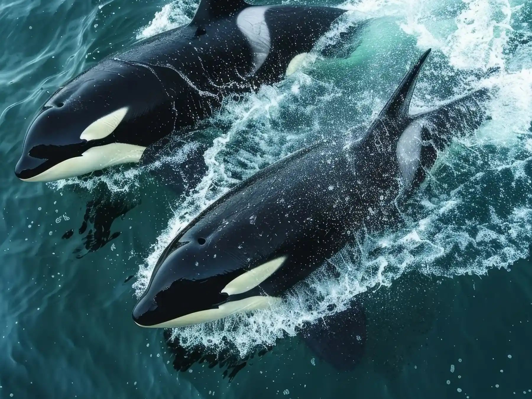 Two orcas swimming at the ocean surface