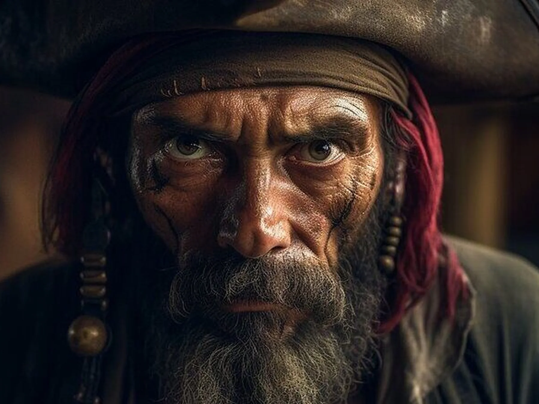 Close-up portrait of a pirate wearing a bandana
