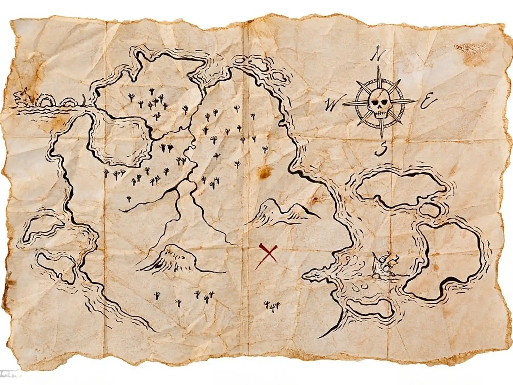 Aged illustrated pirate treasure map marked with a red X
