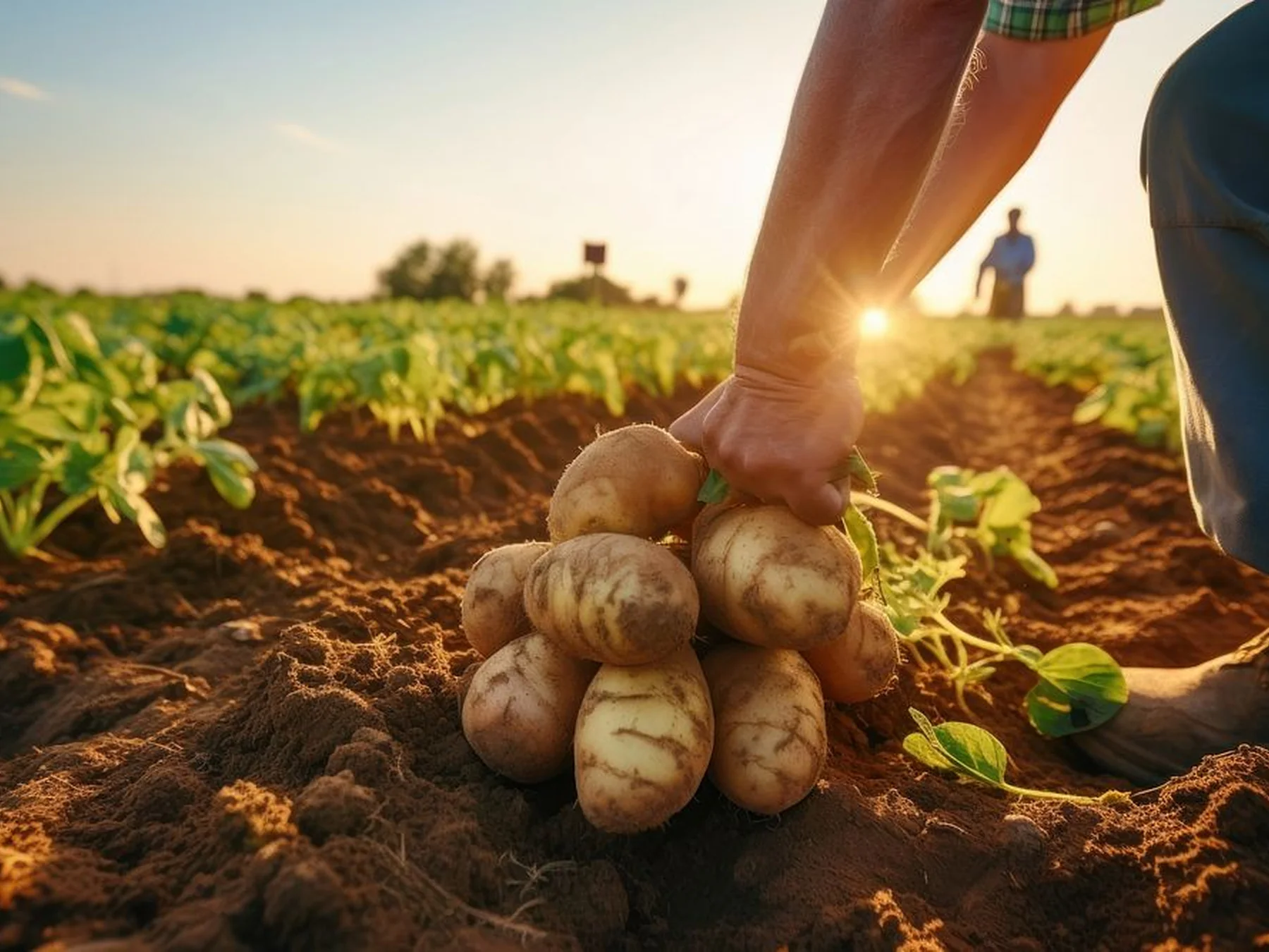 Hands gathering potatoes in a farm field