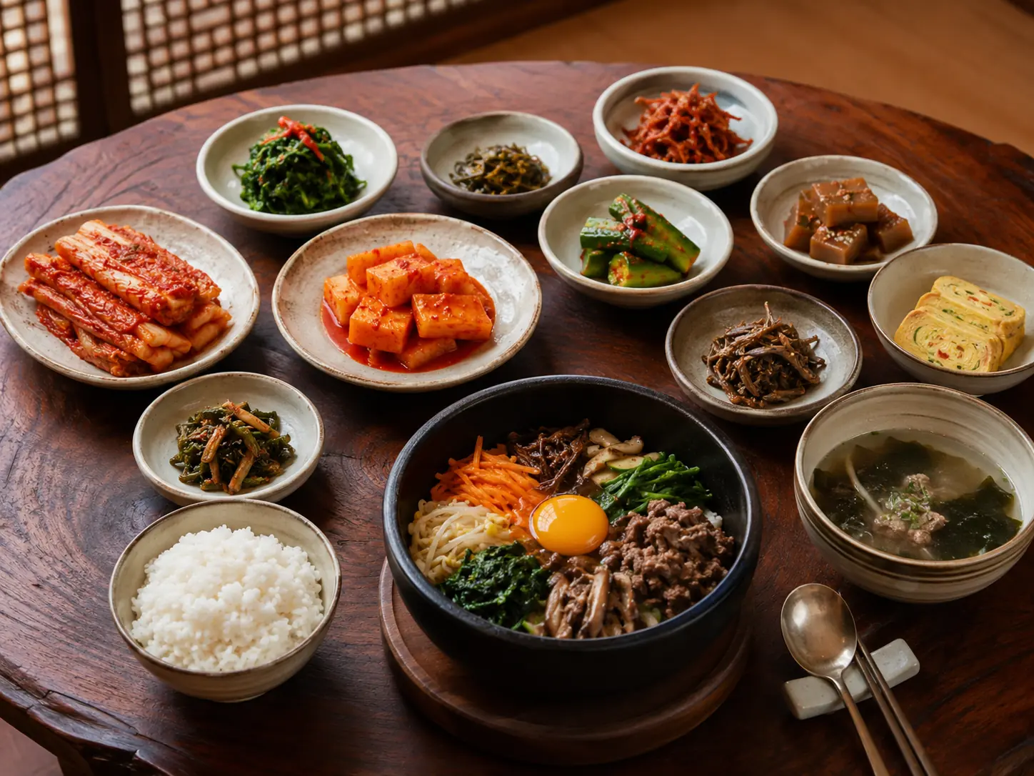Bibimbap surrounded by kimchi and assorted Korean banchan dishes