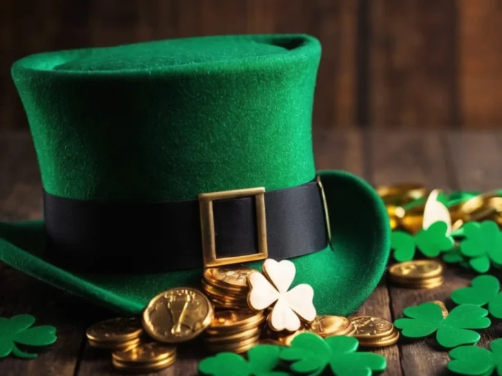 Green leprechaun hat with gold coins and shamrocks for St. Patrick’s Day