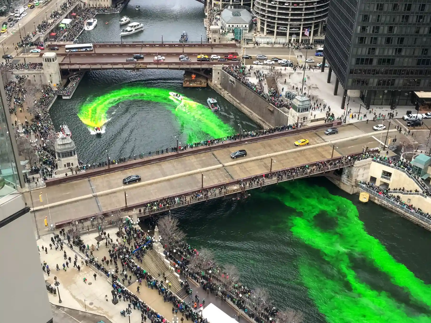 Chicago River turning bright green during a St. Patrick’s Day celebration