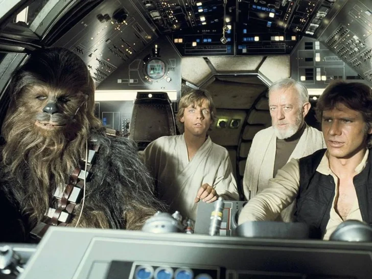 Star Wars characters aboard the Millennium Falcon
