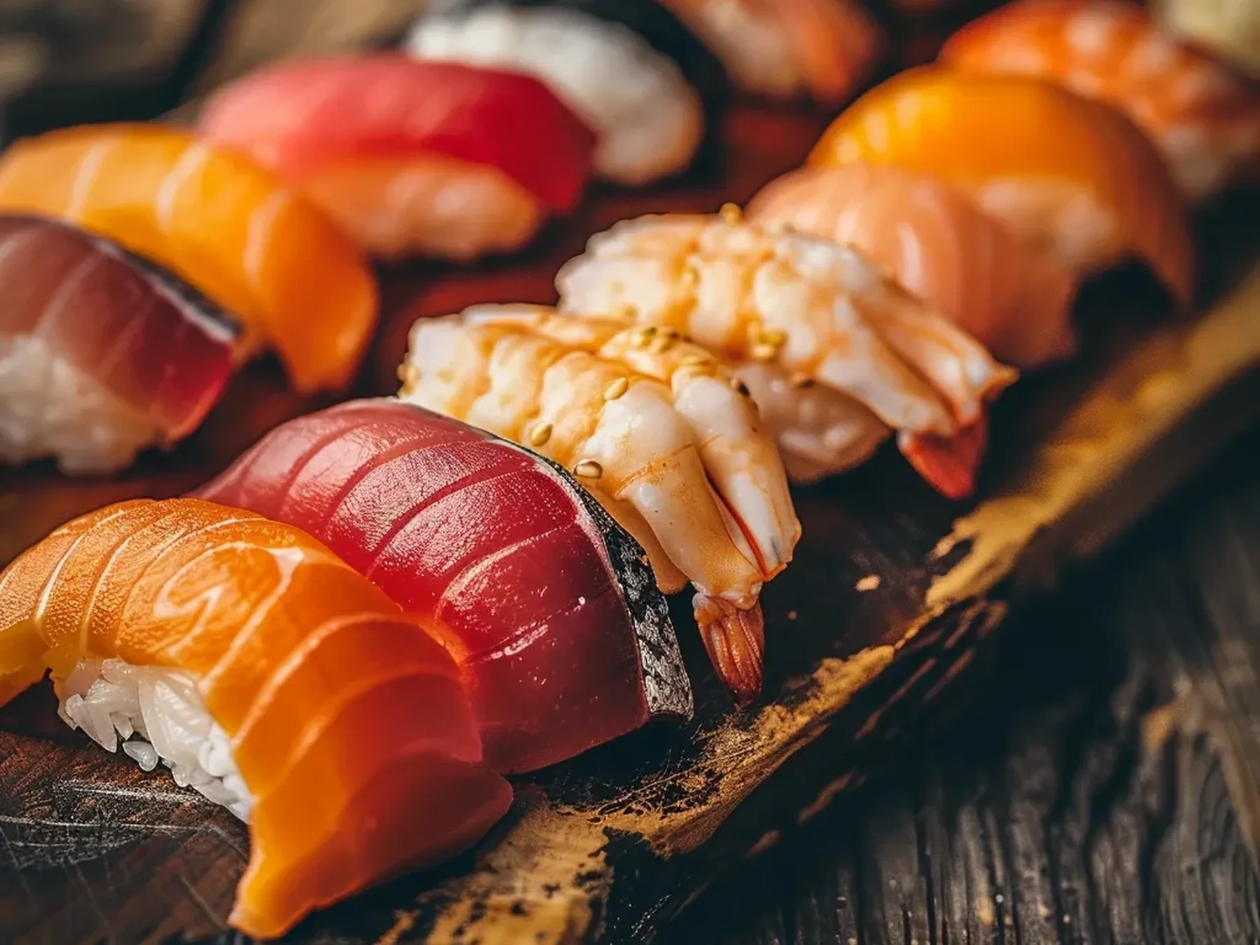 Colorful assortment of salmon, tuna, shrimp, and white fish nigiri sushi