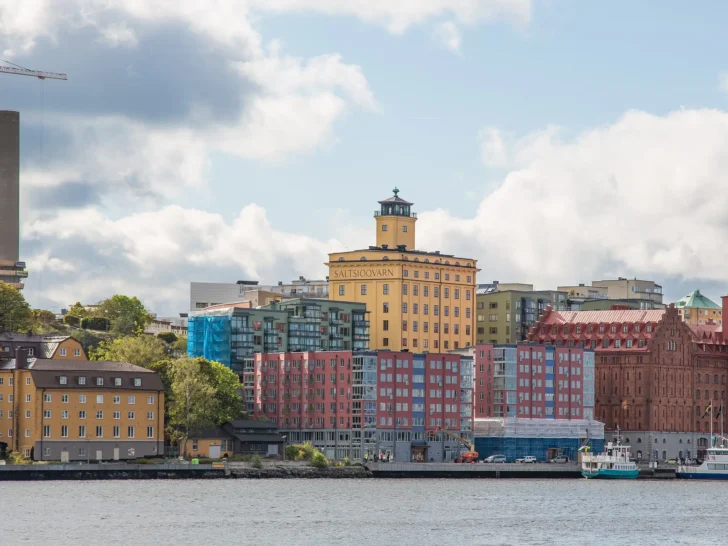Stockholm waterfront skyline with colorful buildings in Sweden
