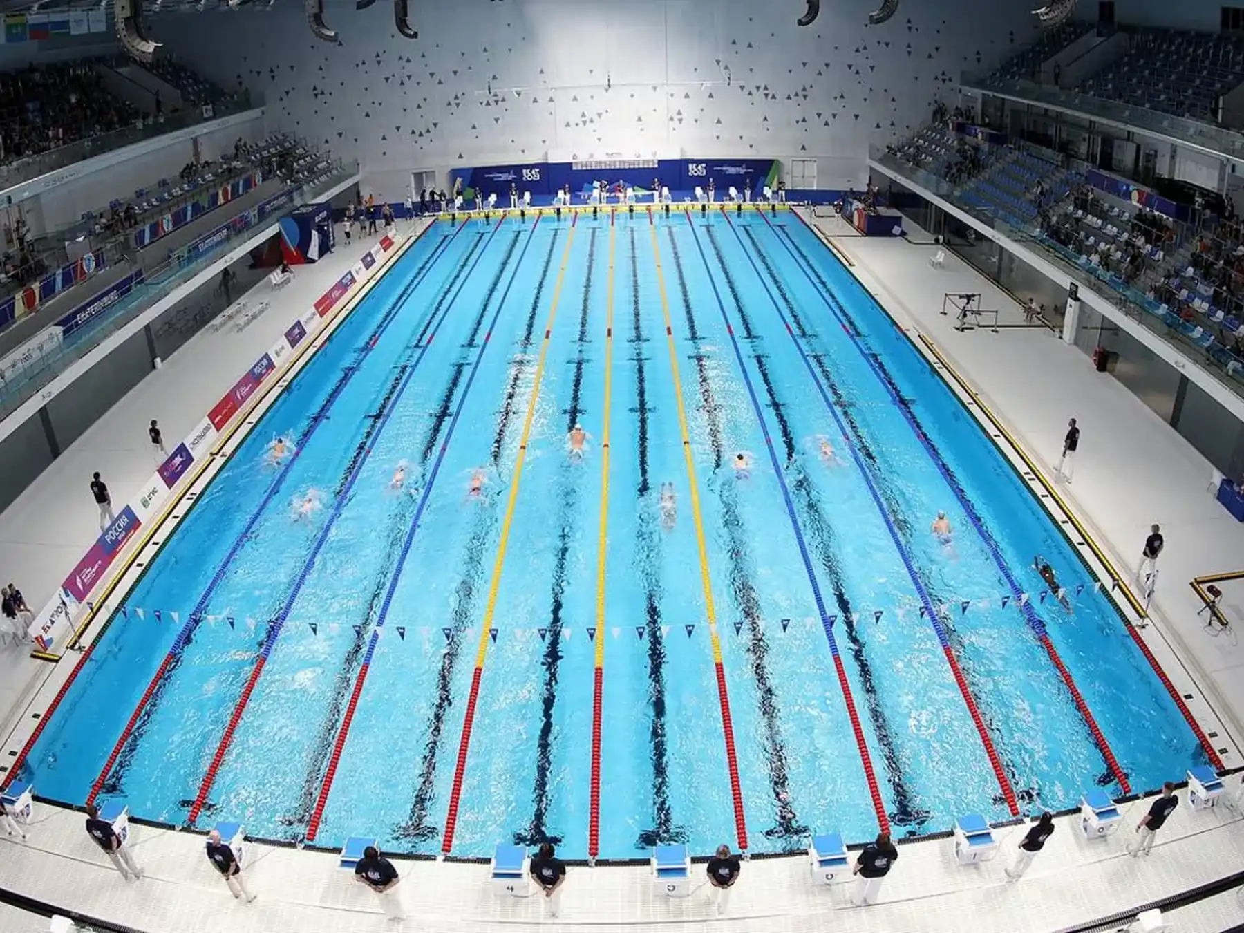 Indoor swimming pool prepared for a meet