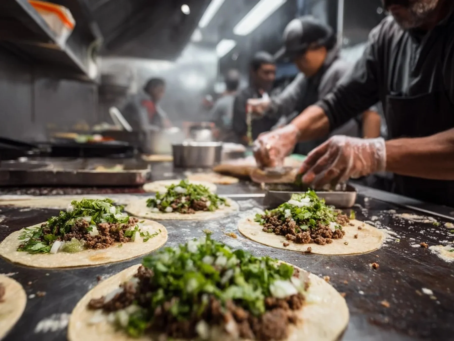 Cooks assembling rows of fresh tacos in a busy restaurant kitchen