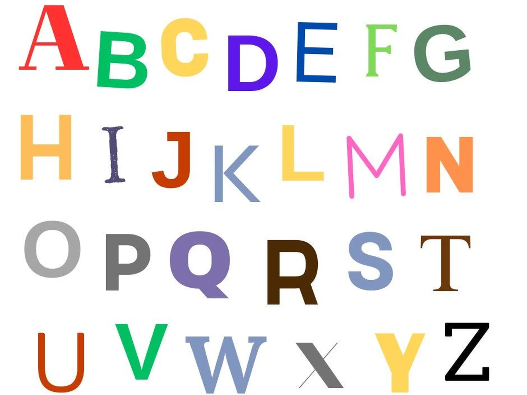 English alphabet displayed in colorful letters