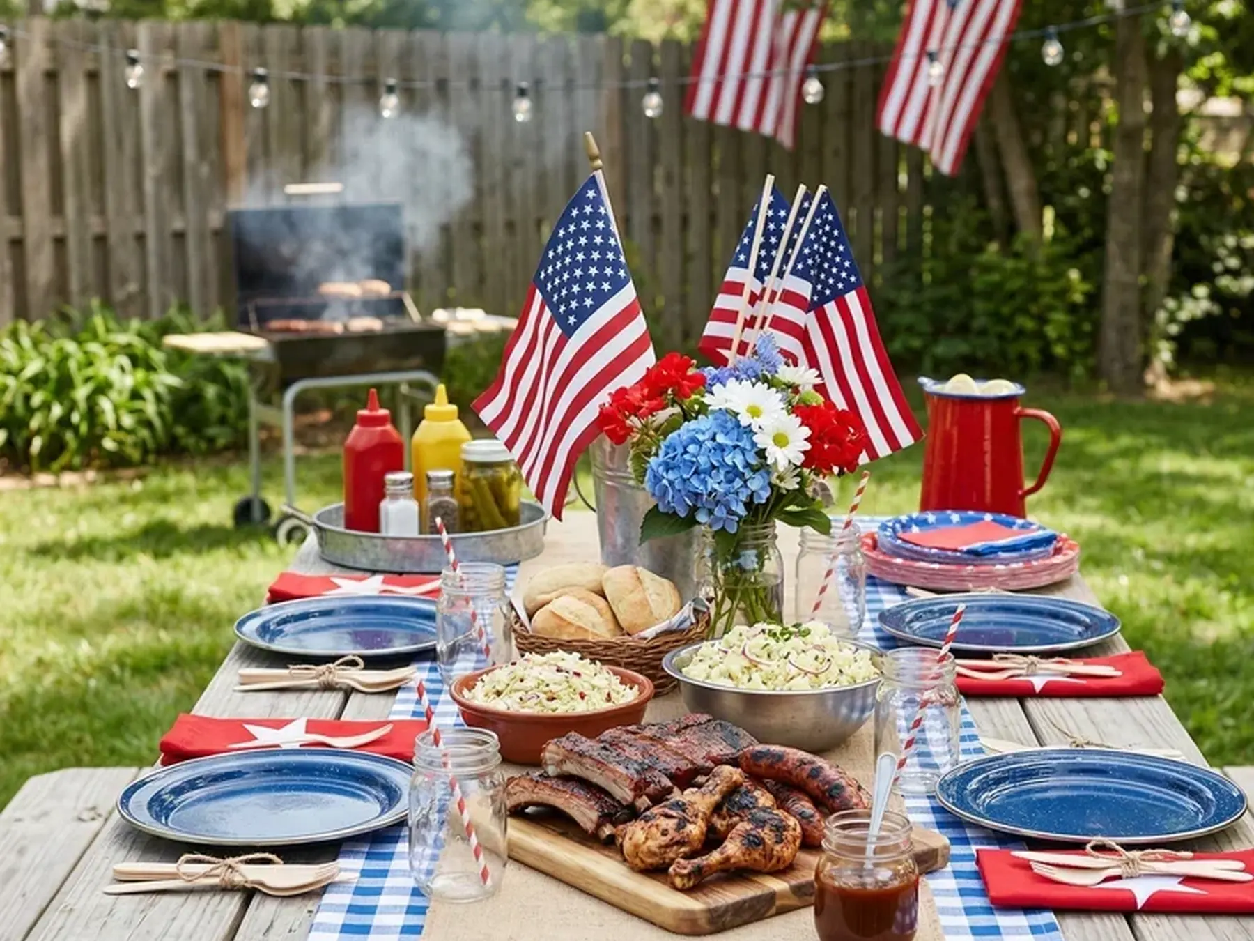Patriotic backyard table set for a Fourth of July barbecue
