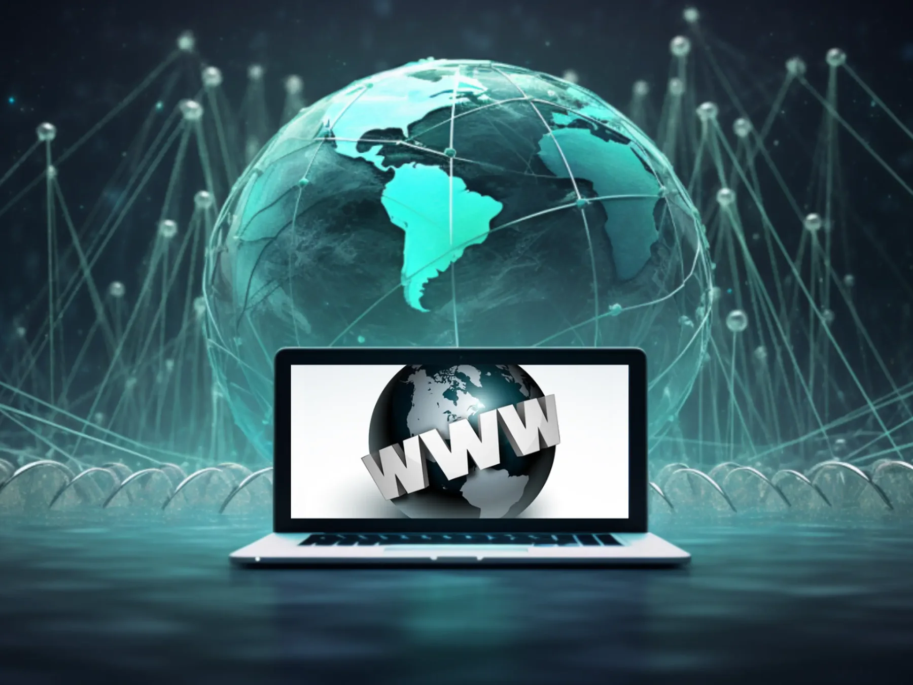 Laptop displaying the letters WWW beneath a connected digital globe