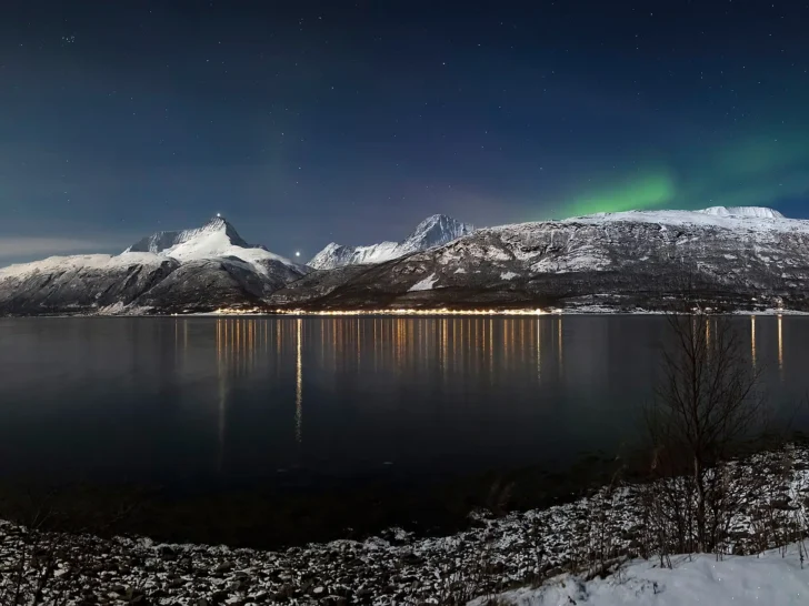 Green aurora borealis glowing across a dark sky above the water