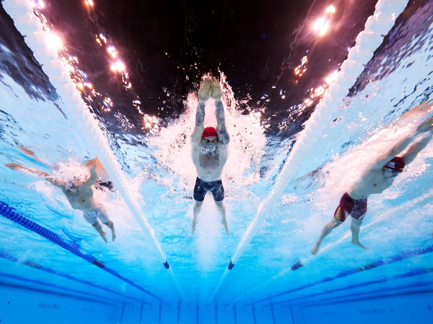 Swimmers racing underwater in an Olympic pool
