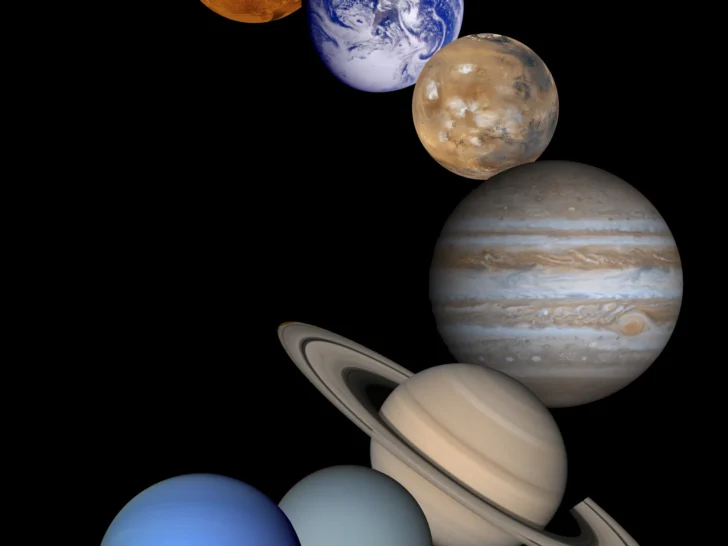 The eight planets of the solar system arranged together against black space