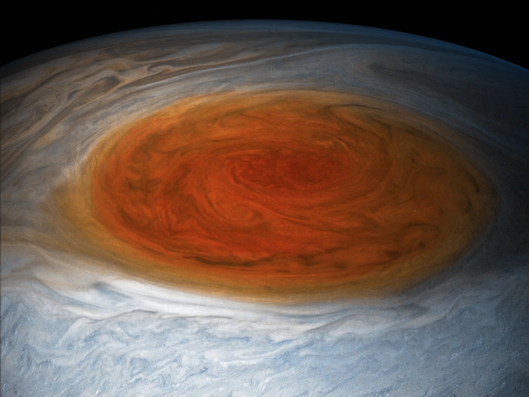 Close-up of Jupiter’s swirling Great Red Spot storm