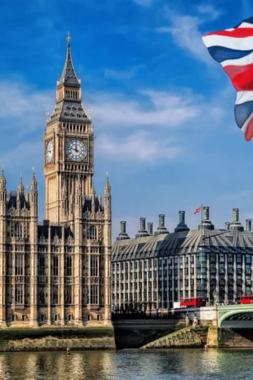 Big Ben and the Houses of Parliament with a Union Jack flying above London
