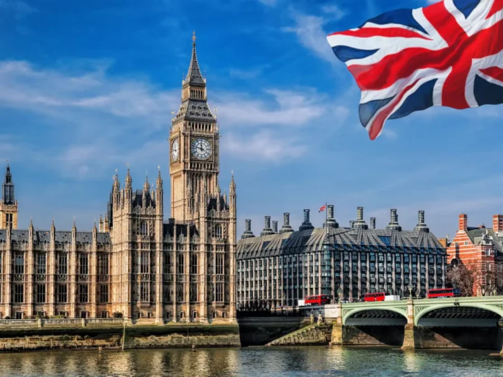 Big Ben and the Houses of Parliament with a Union Jack flying above London