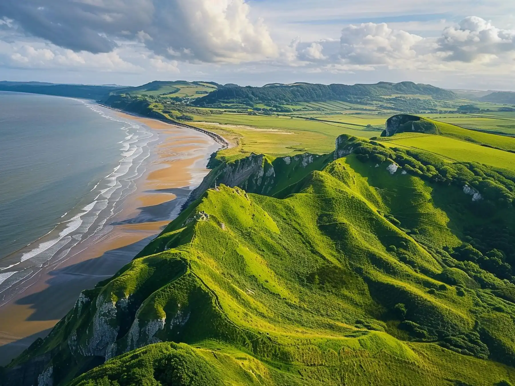 Green coastal cliffs and sandy beach on the Gower Peninsula in Wales
