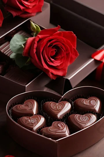 Heart-shaped Valentine’s Day chocolates beside red roses and gift boxes