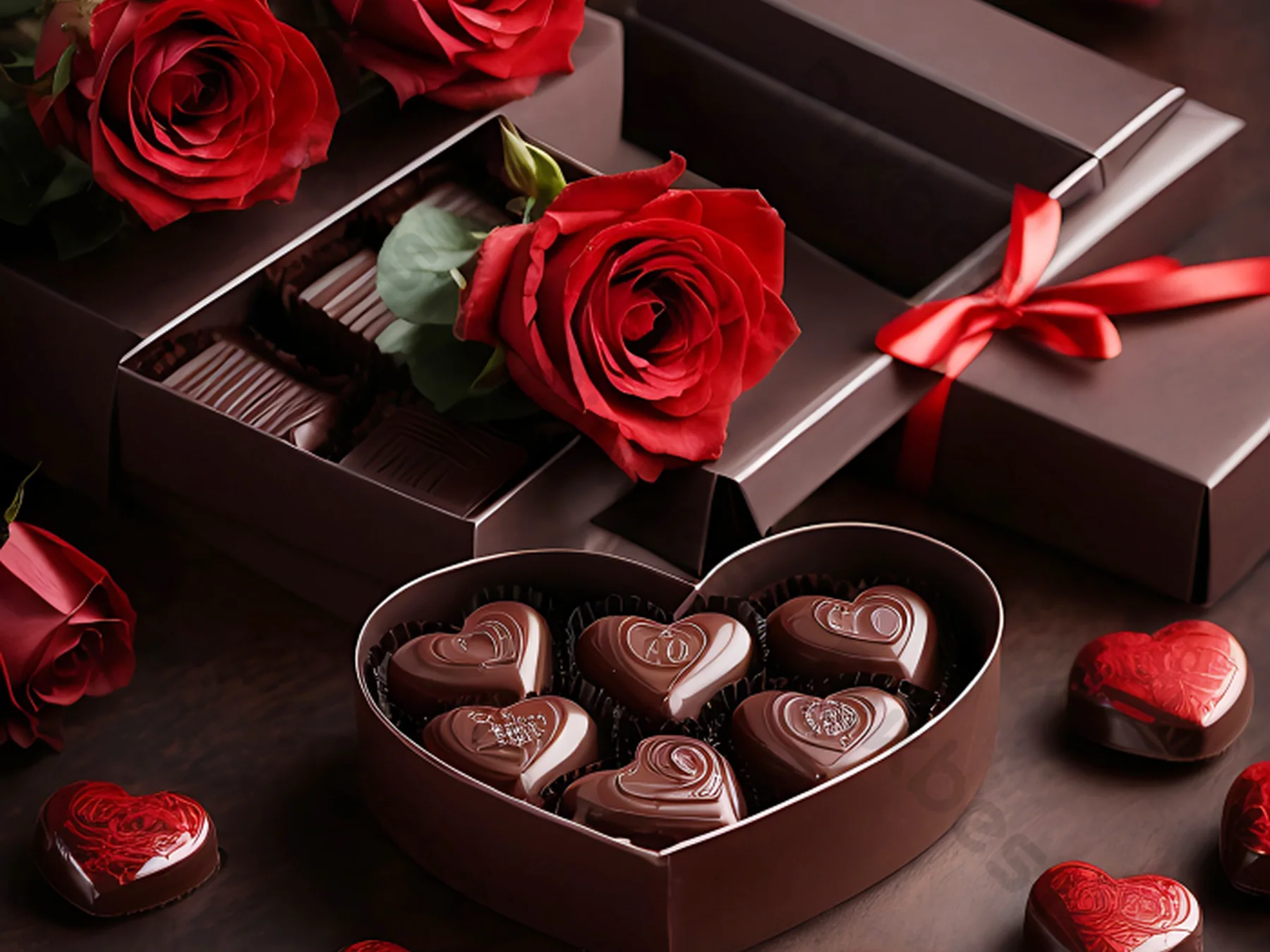 Heart-shaped Valentine’s Day chocolates beside red roses and gift boxes
