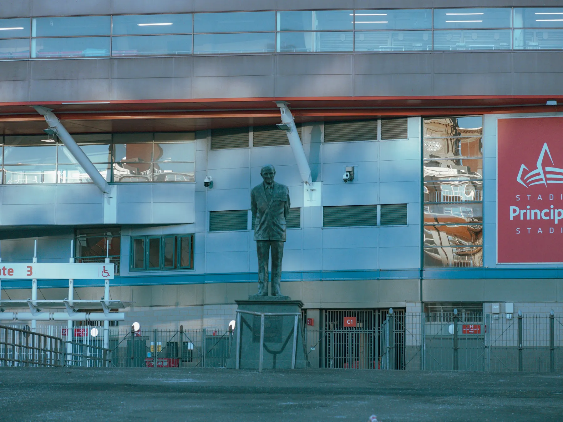 Statue and entrance at Principality Stadium in Cardiff, Wales