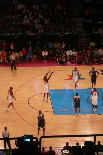 NBA basketball game viewed from the upper level of an arena