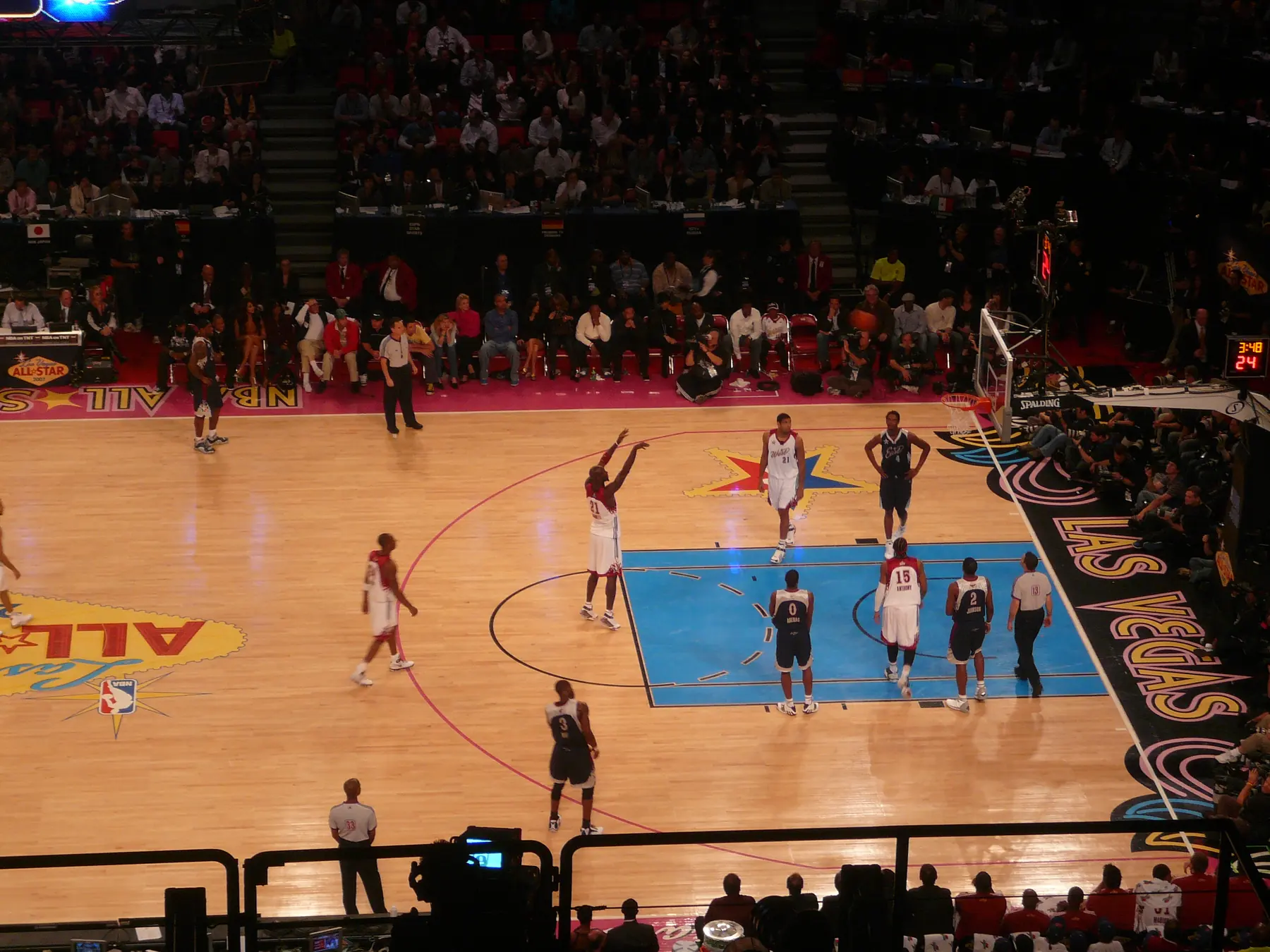 NBA basketball game viewed from the upper level of an arena