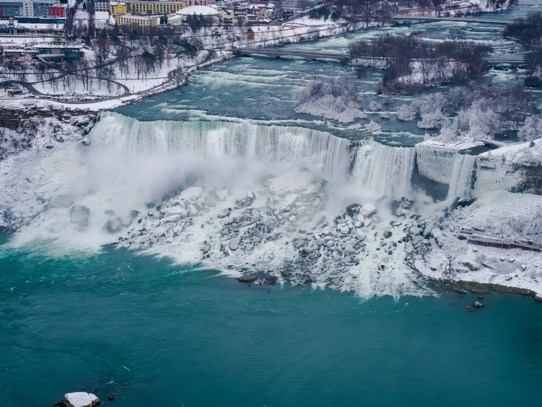 Niagara Falls surrounded by snow and ice in winter