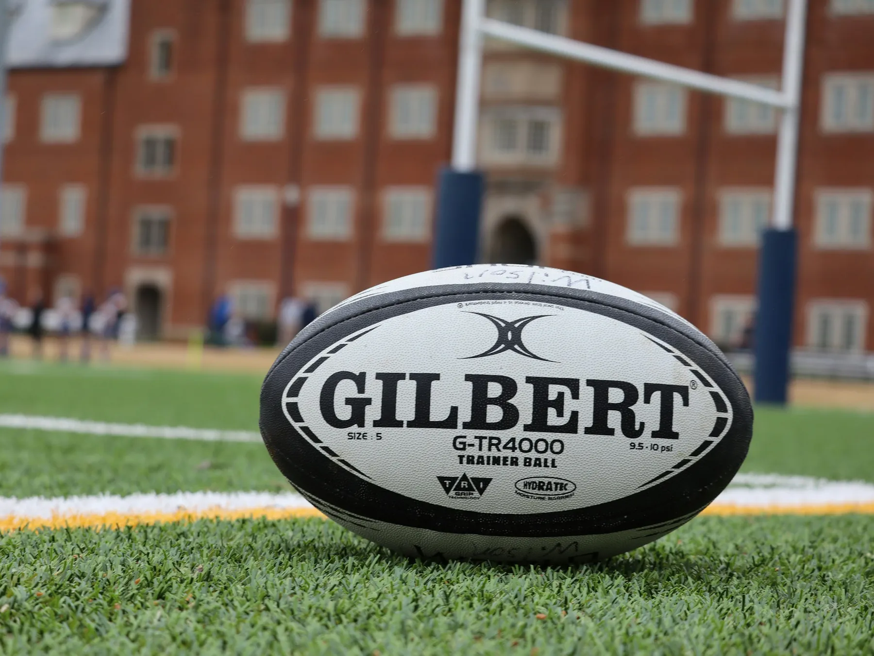 Rugby ball resting on a grass field