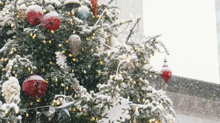 Snowy evergreen Christmas tree decorated with holiday ornaments