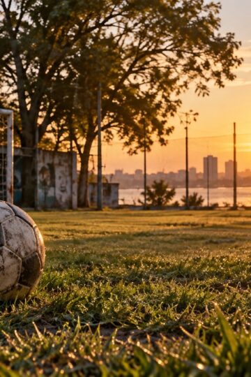 A quiet neighborhood football pitch in Rosario Argentina at sunrise with a ball on grass