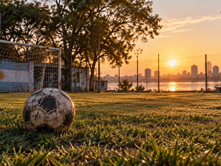 A quiet neighborhood football pitch in Rosario Argentina at sunrise with a ball on grass