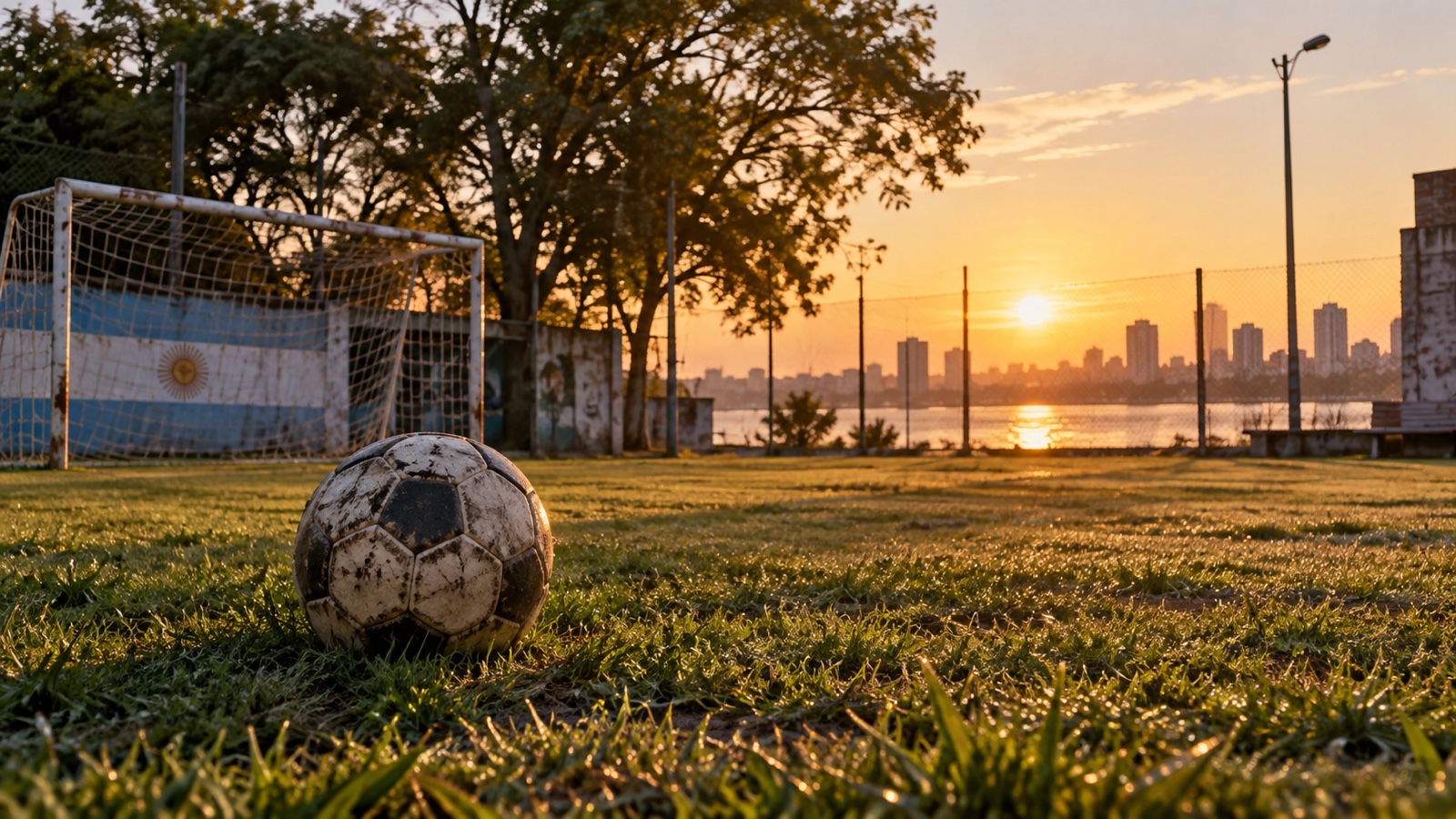 A quiet neighborhood football pitch in Rosario Argentina at sunrise with a ball on grass