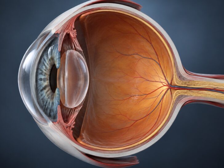 Accurate anatomical medical rendering of a human eyeball cross-section without face or labels