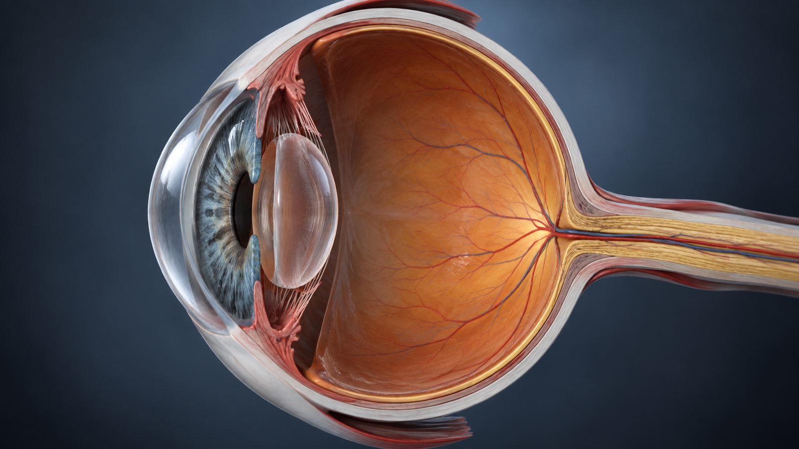 Accurate anatomical medical rendering of a human eyeball cross-section without face or labels