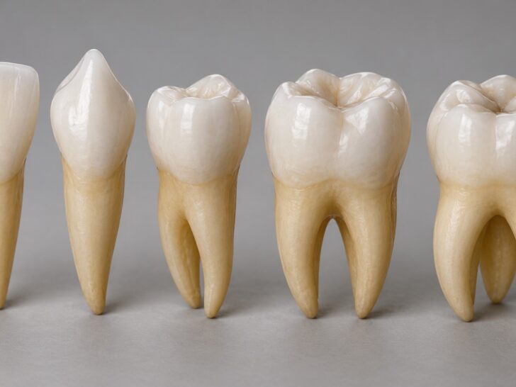 Accurate medical 3D illustration of several human tooth types isolated on neutral background