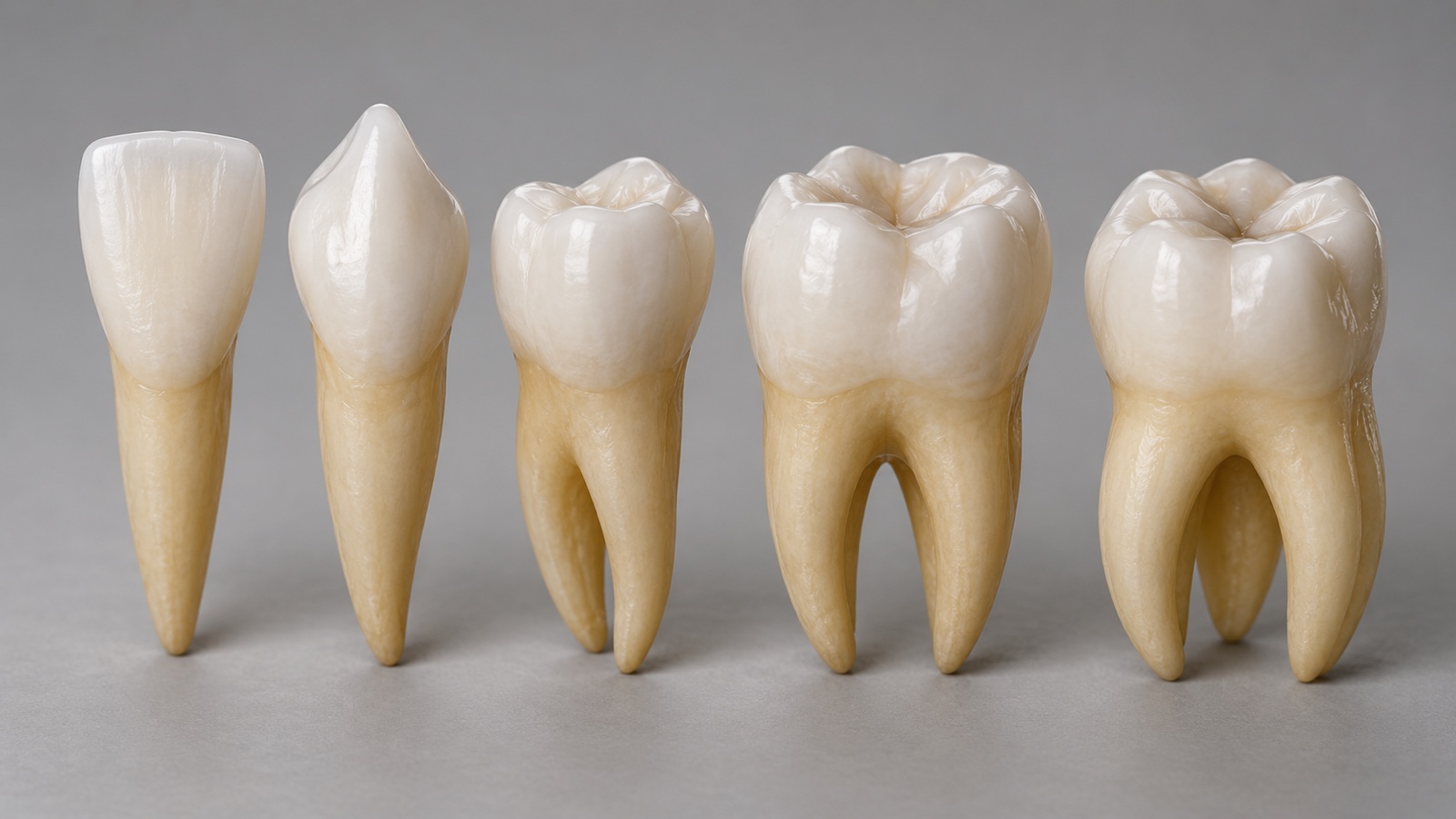 Accurate medical 3D illustration of several human tooth types isolated on neutral background